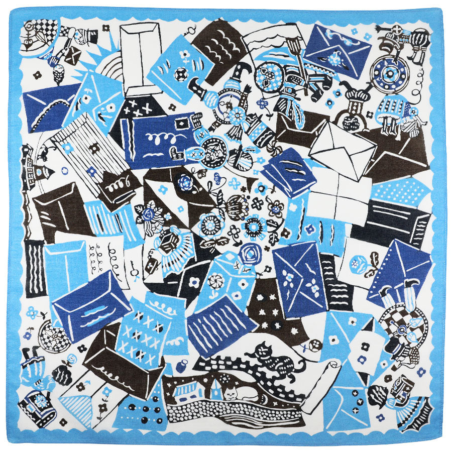 Kimono Motif Cotton Handkerchief - Sky Blue