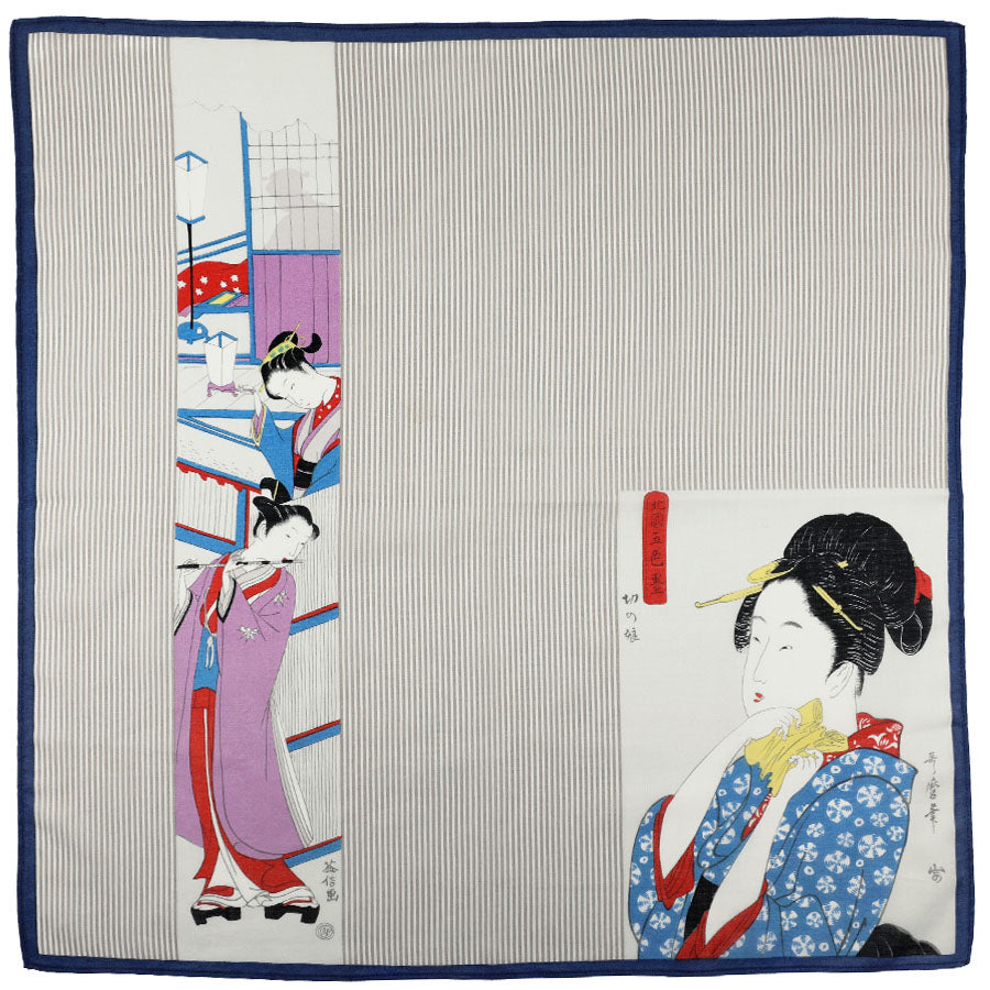 Ukiyo-e Motif Cotton Handkerchief - Blue / Beige