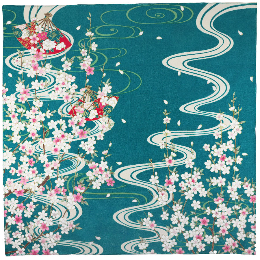 Kimono Motif Cotton Handkerchief - Teal