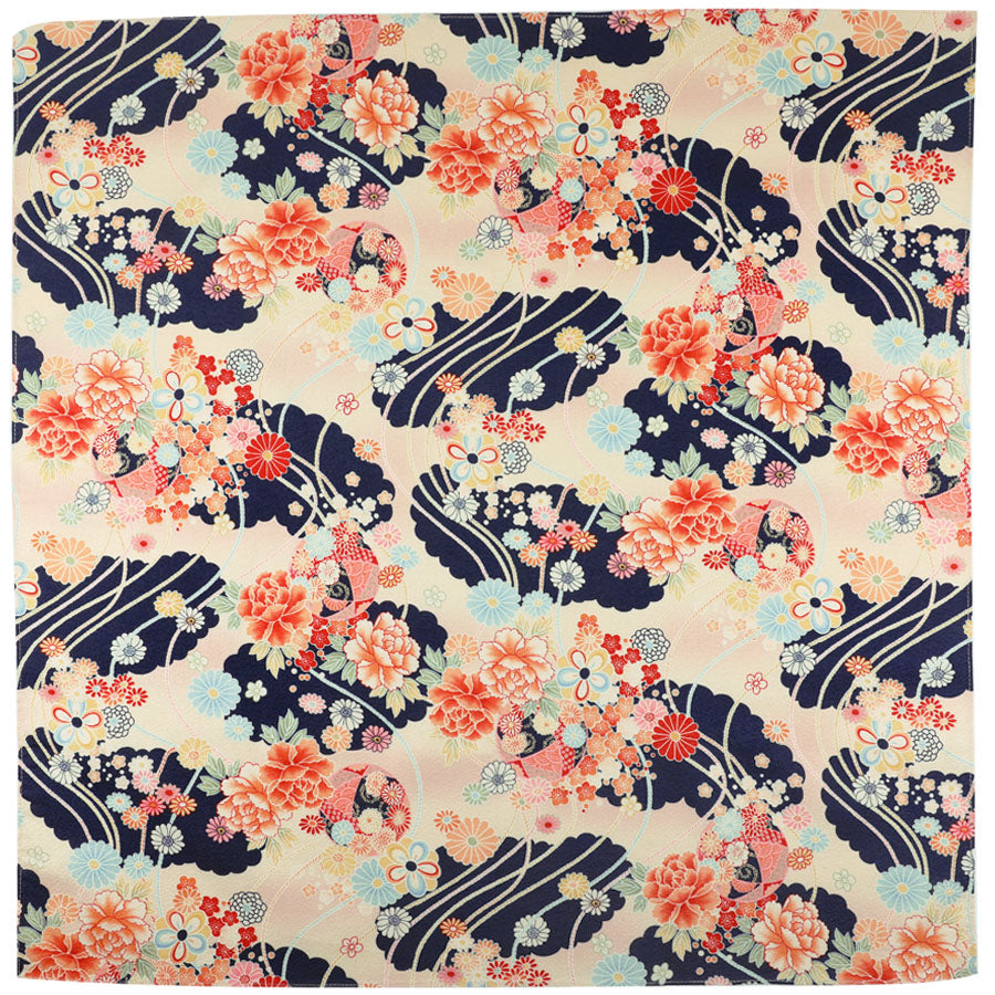 Kimono Motif Cotton Handkerchief - Navy / Cream