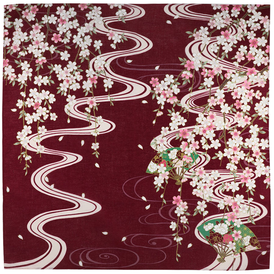 Kimono Motif Cotton Handkerchief - Burgundy