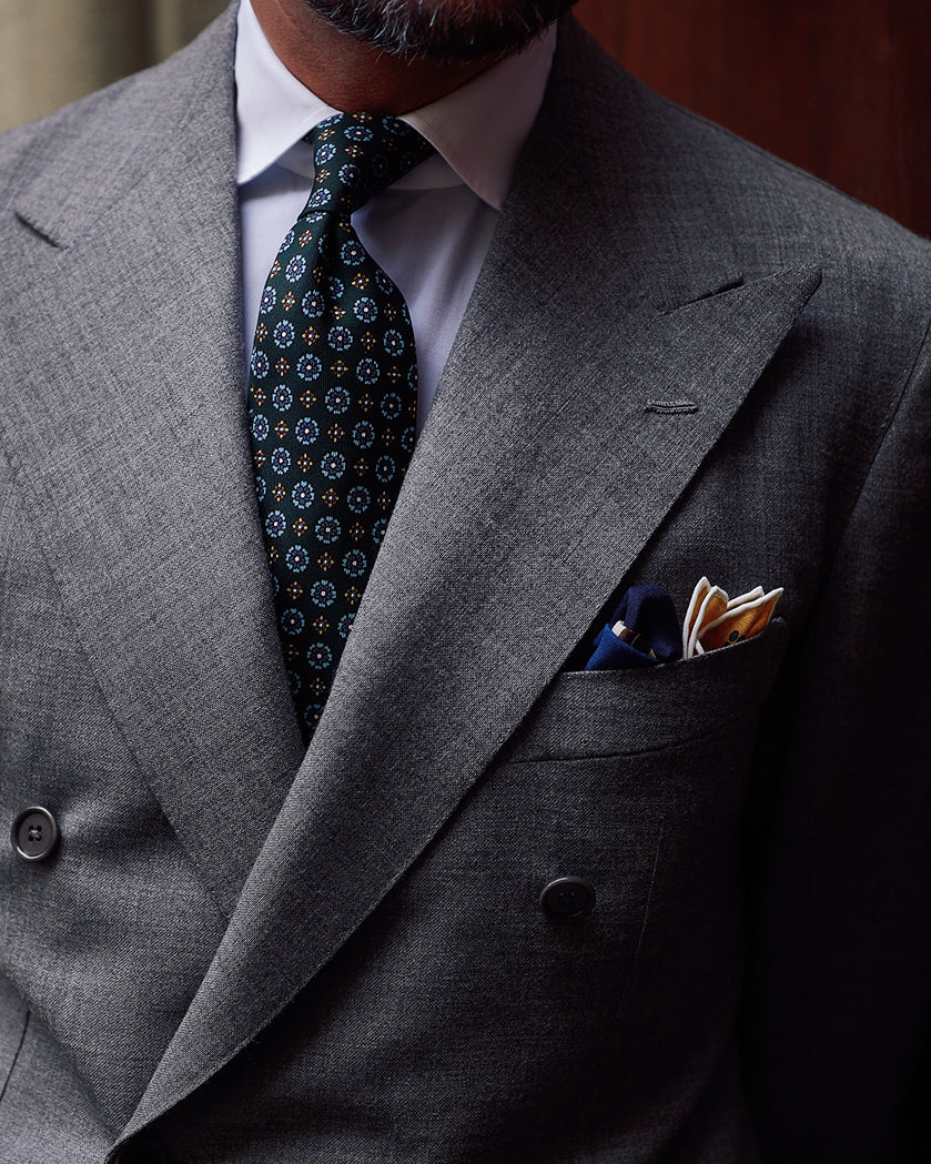Floral Printed Silk Tie - Mader Green - Hand-Rolled