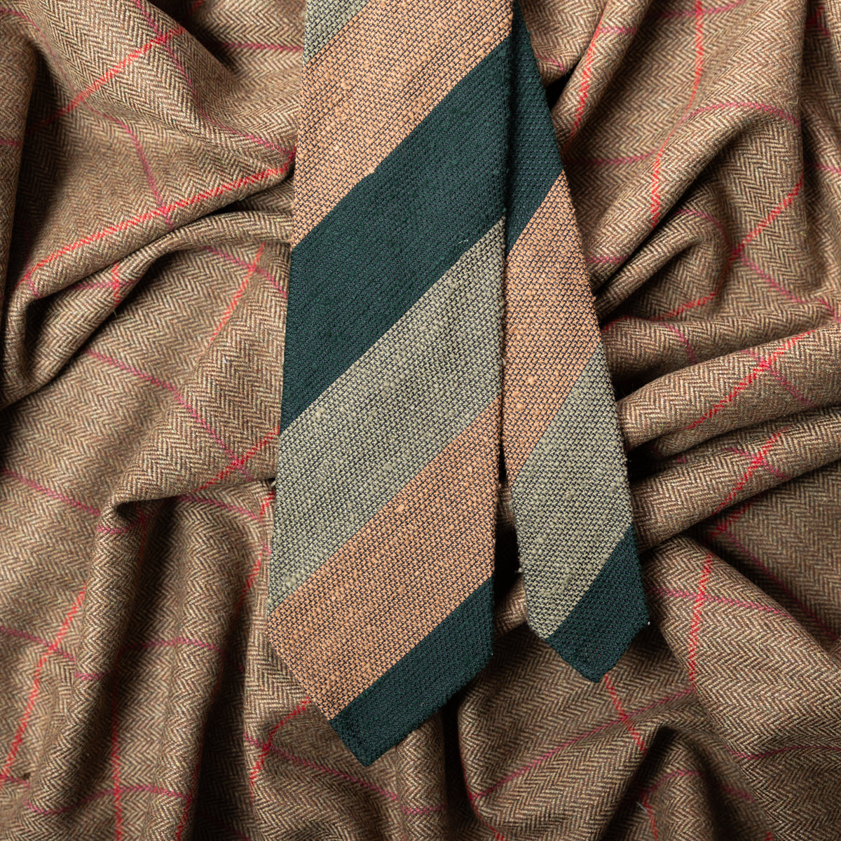 Triple Block Stripe Shantung Grenadine Bespoke Tie - Forest / Green / Occher