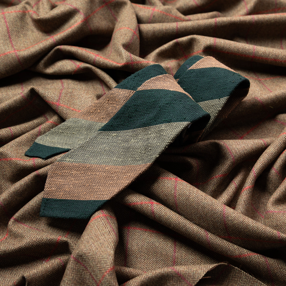 Triple Block Stripe Shantung Grenadine Bespoke Tie - Forest / Green / Occher
