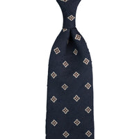 Floral Shantung Silk Tie - Navy - Hand-Rolled