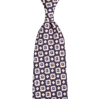 Floral Printed Silk / Linen Tie - Navy - Hand-Rolled