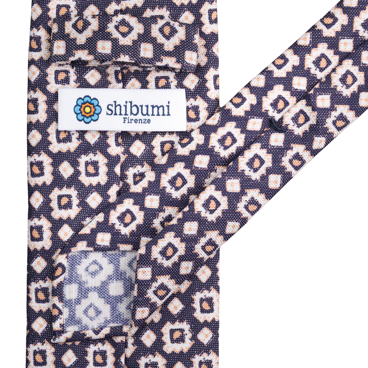 Floral Printed Silk / Linen Tie - Navy - Hand-Rolled