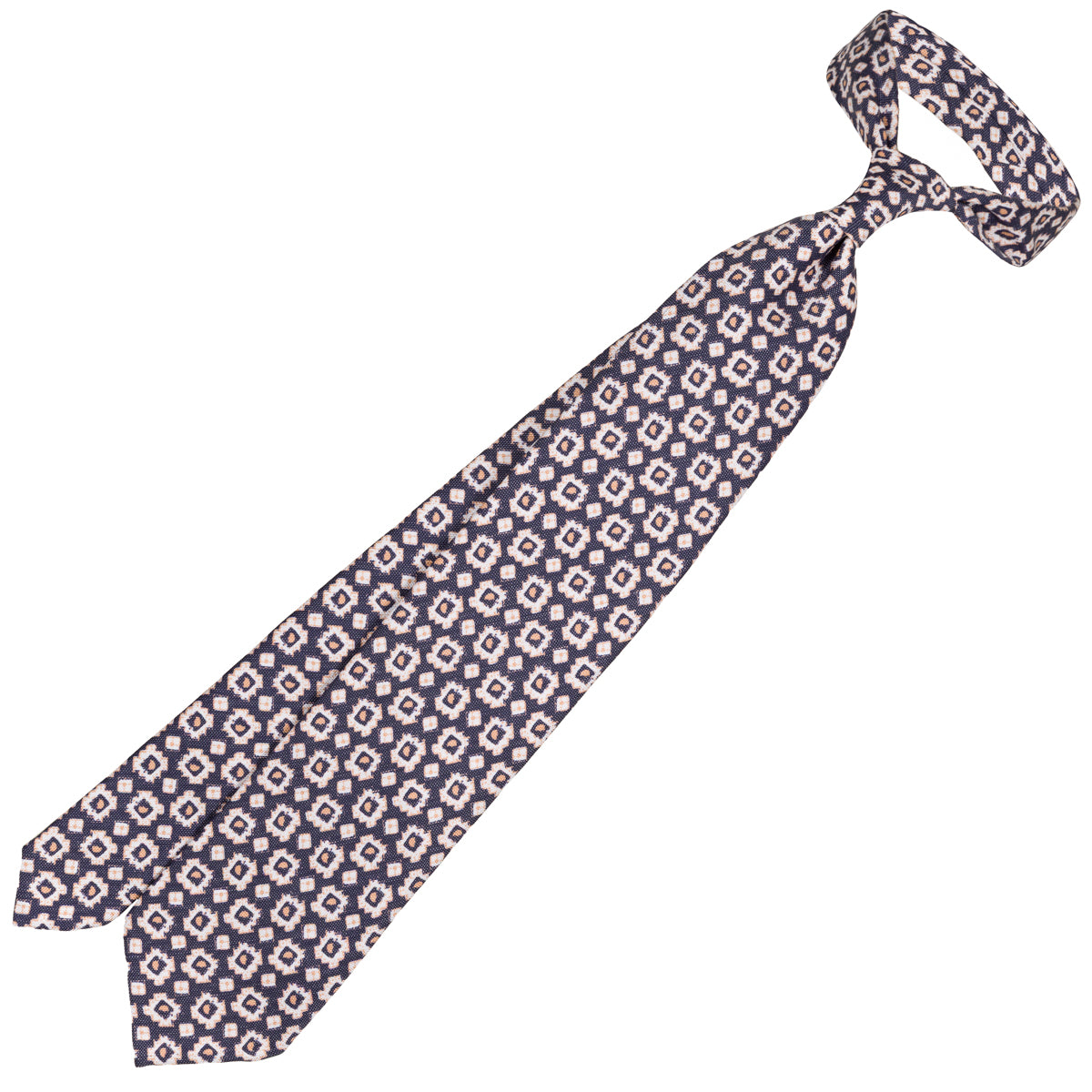 Floral Printed Silk / Linen Tie - Navy - Hand-Rolled