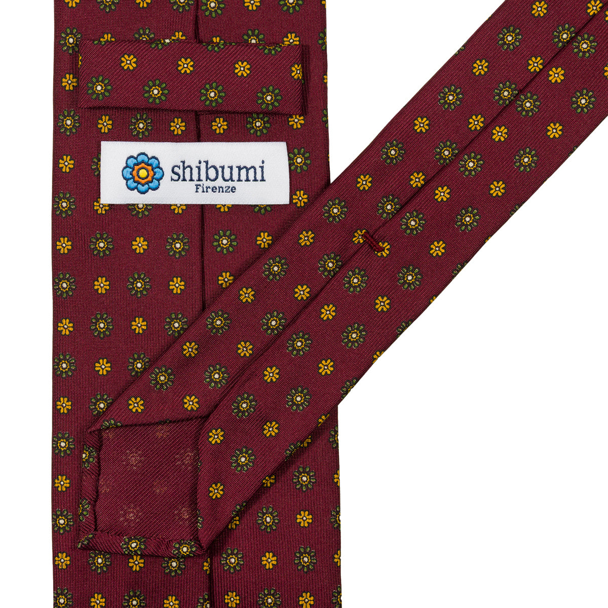 Floral Printed Silk Tie - Burgundy - Hand-Rolled