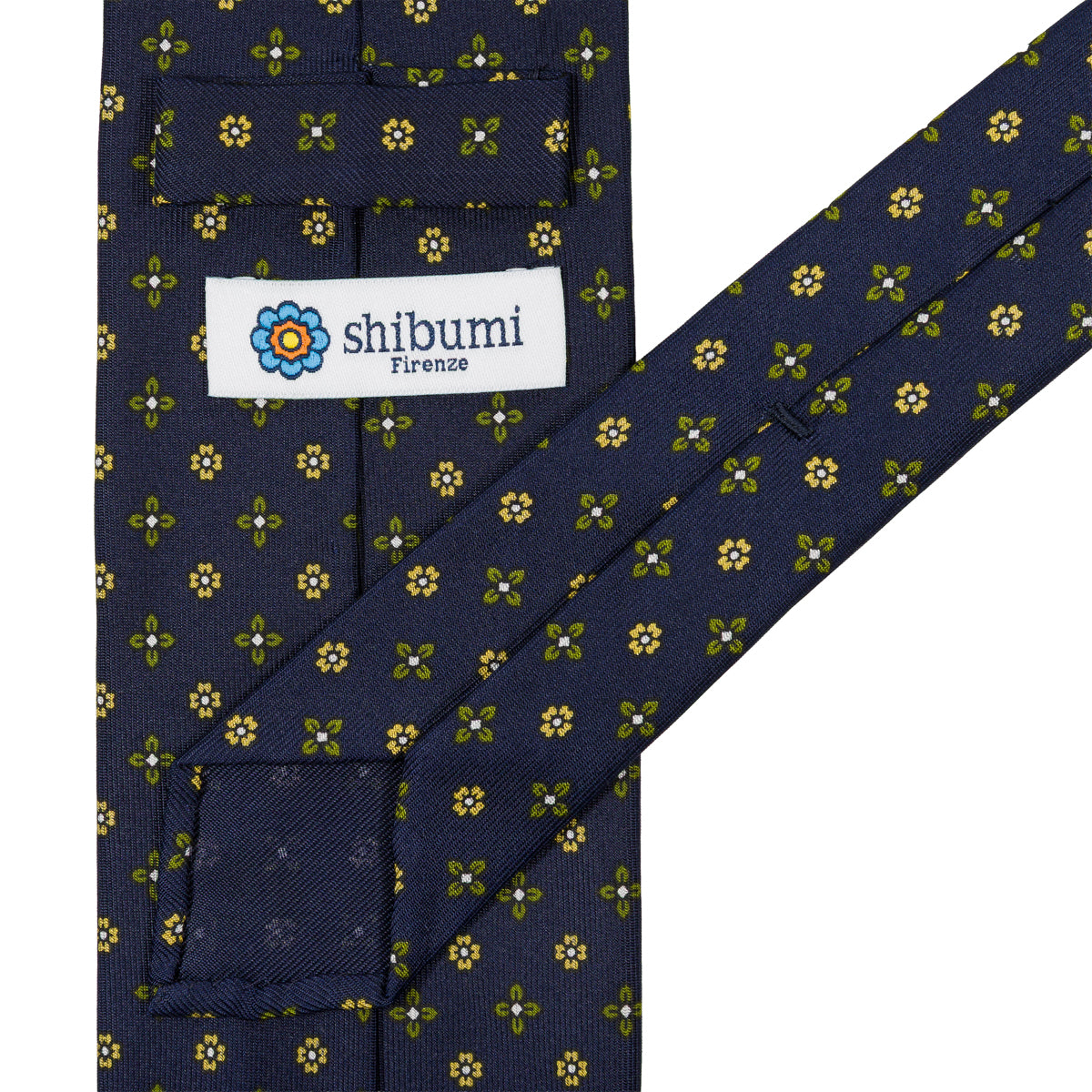Floral Printed Silk Tie - Navy - Hand-Rolled