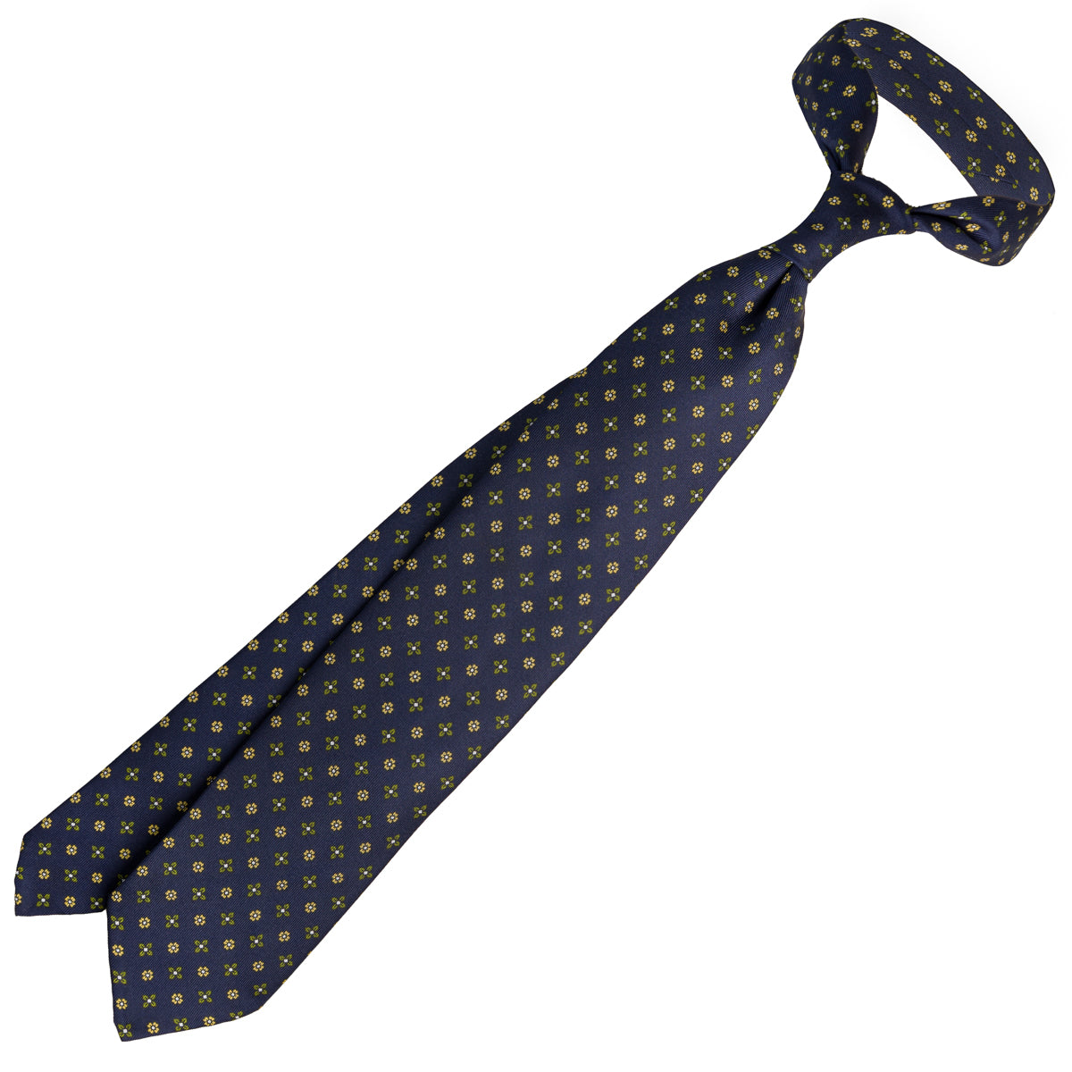 Floral Printed Silk Tie - Navy - Hand-Rolled