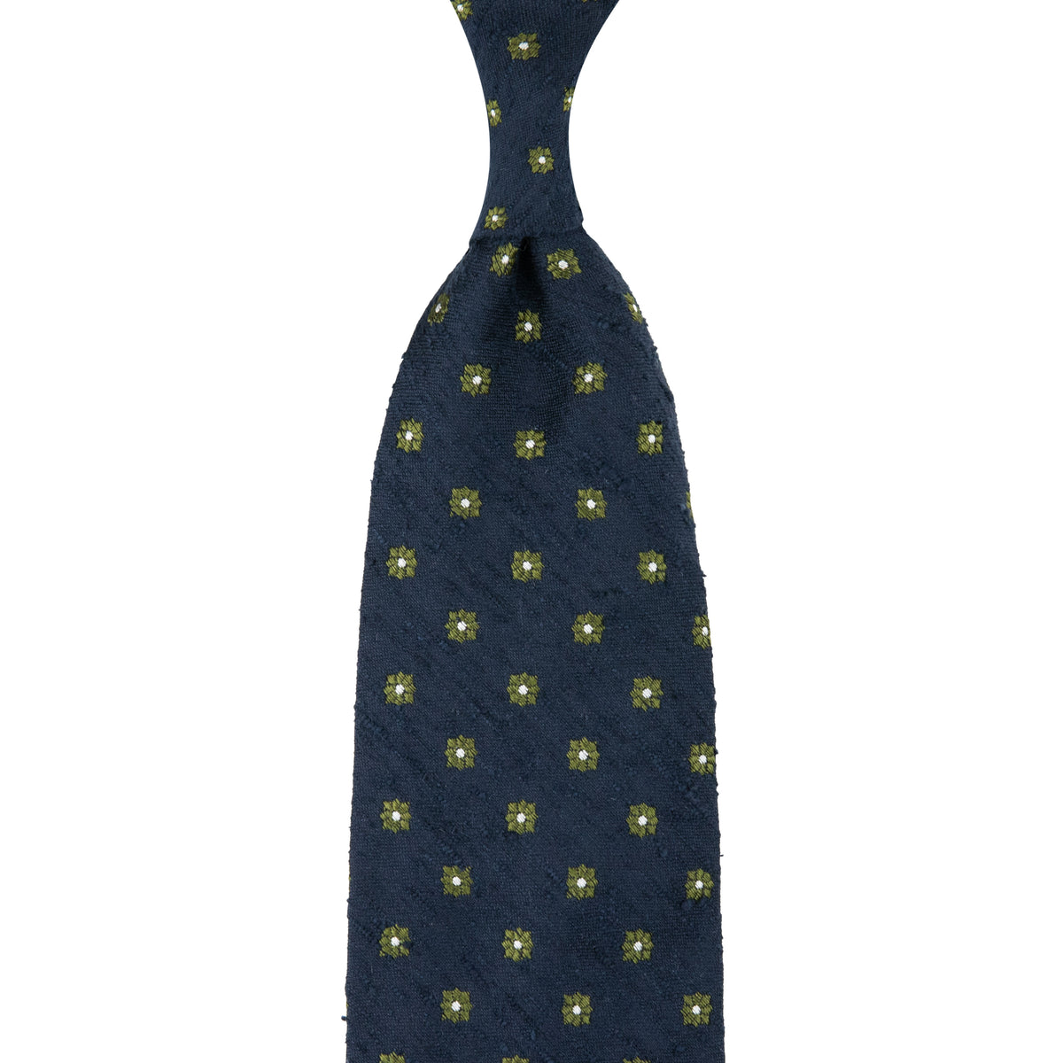 Floral Shantung Silk Tie - Navy - Hand-Rolled