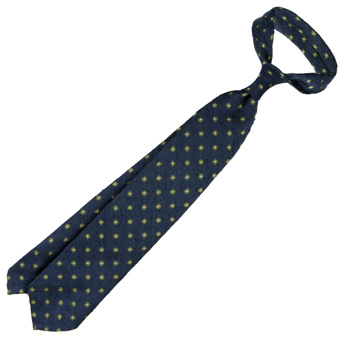 Floral Shantung Silk Tie - Navy - Hand-Rolled