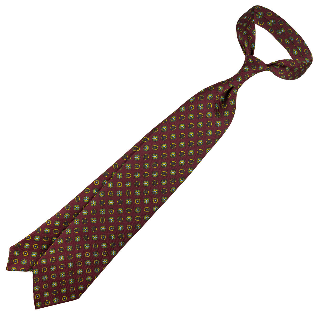 Floral Printed Silk Tie - Burgundy - Hand-Rolled