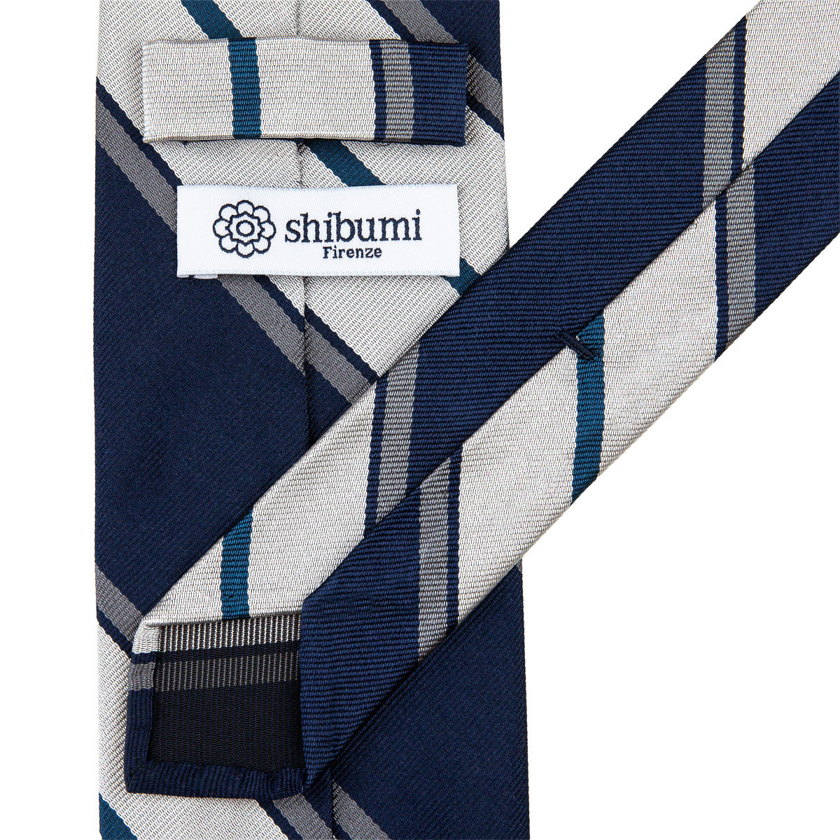 Repp Stripe Silk Tie - Navy / White Grey - Hand-Rolled