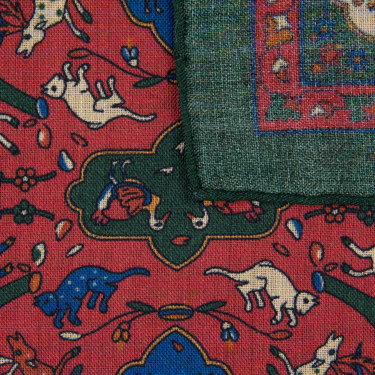 Animal Motif Wool / Silk Pocket Square - Forest - 40x40cm