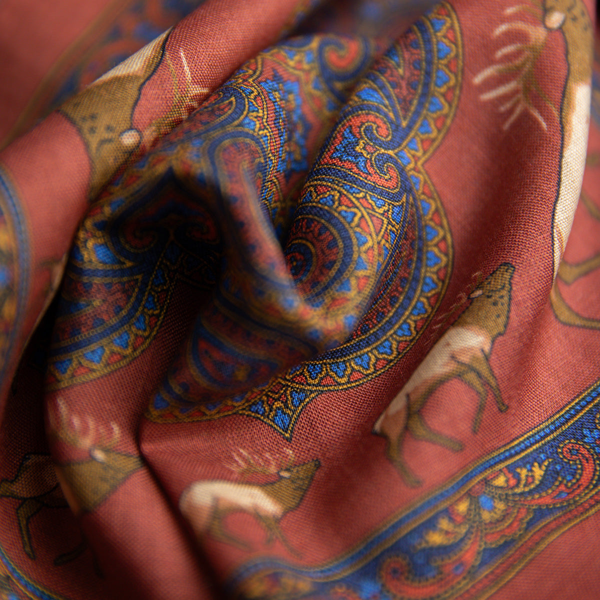 Animal Motif Wool / Silk Pocket Square - Rust - 33x33cm