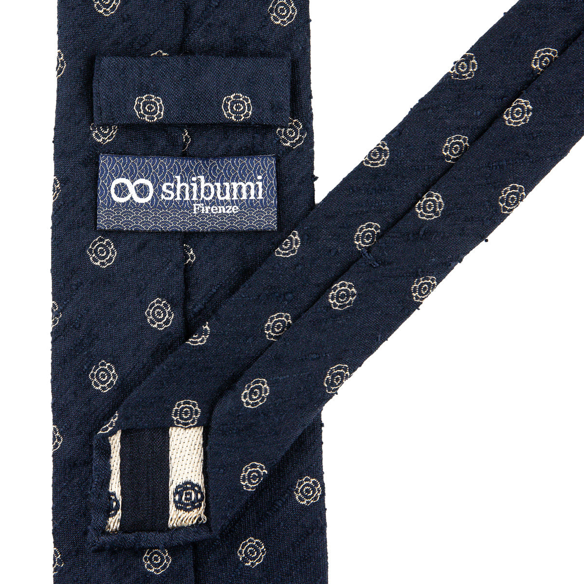 Shibumi-Flower Shantung Silk Tie - Navy - Hand-Rolled