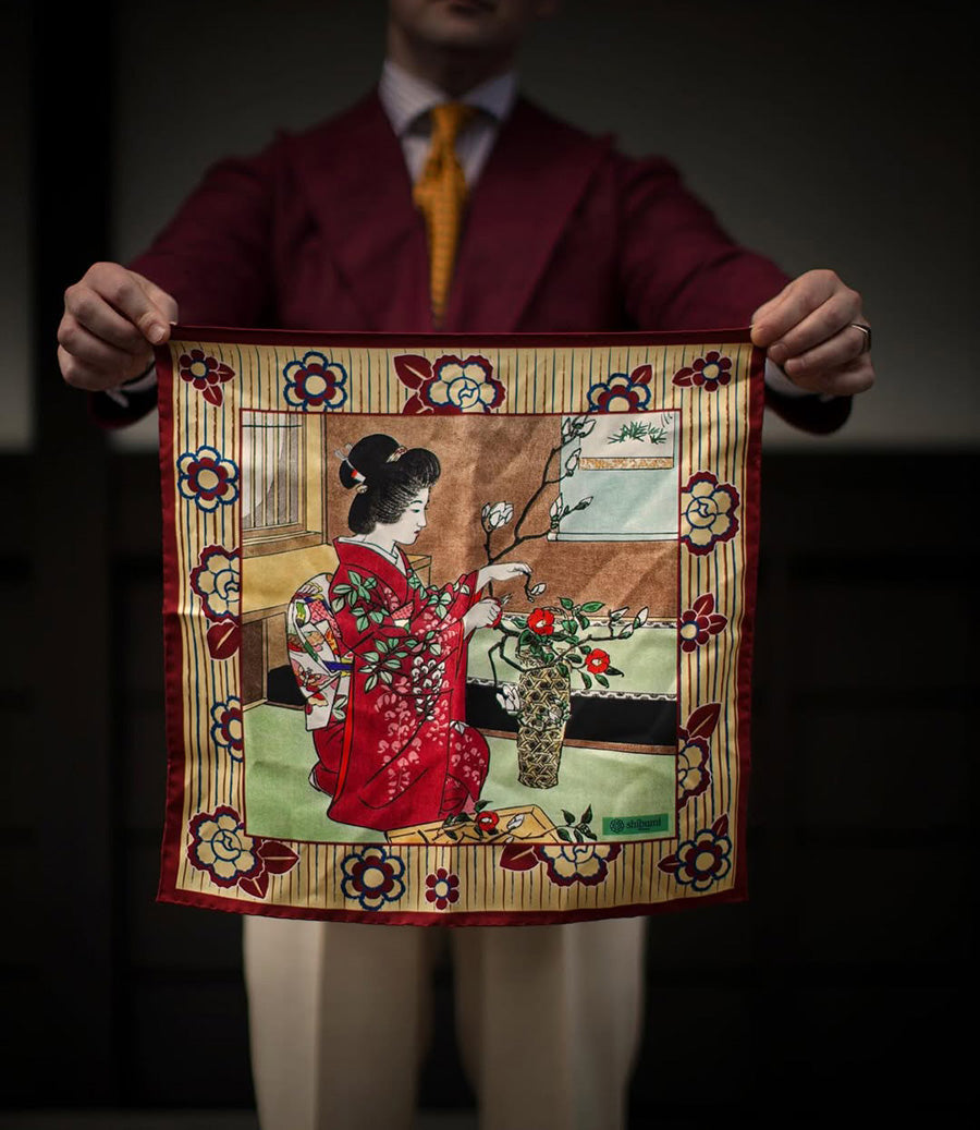 Ukiyo-e Silk Pocket Square - Ikebana - 40x40cm
