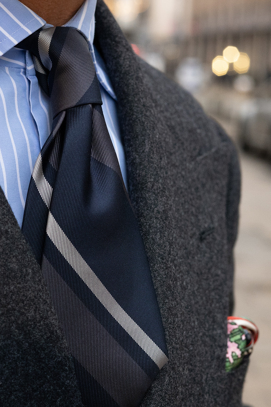 Japanese Repp Stripe Silk Tie - Navy / Grey / White