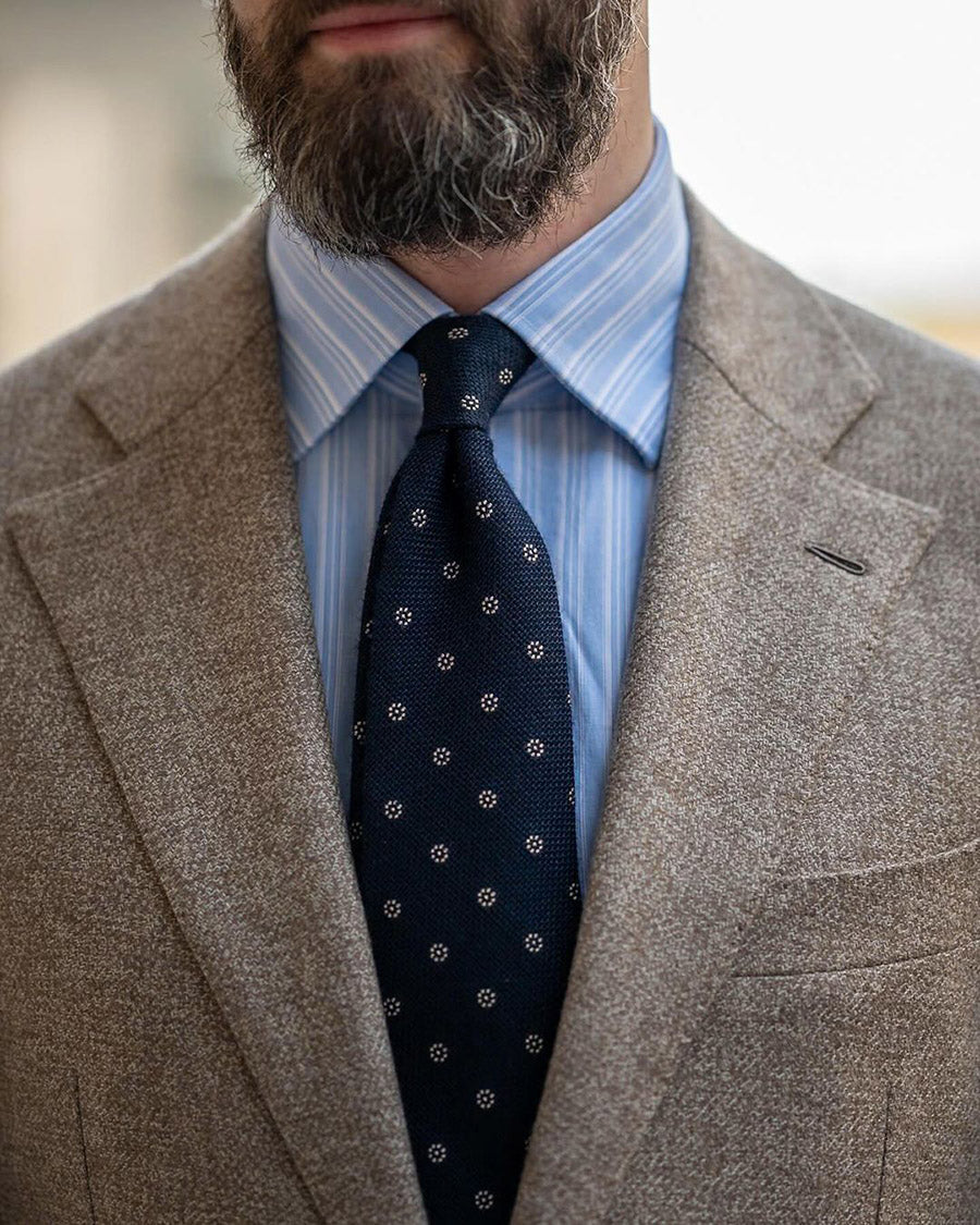 Floral Cashmere / Silk Grenadine Tie - Navy - Hand-Rolled