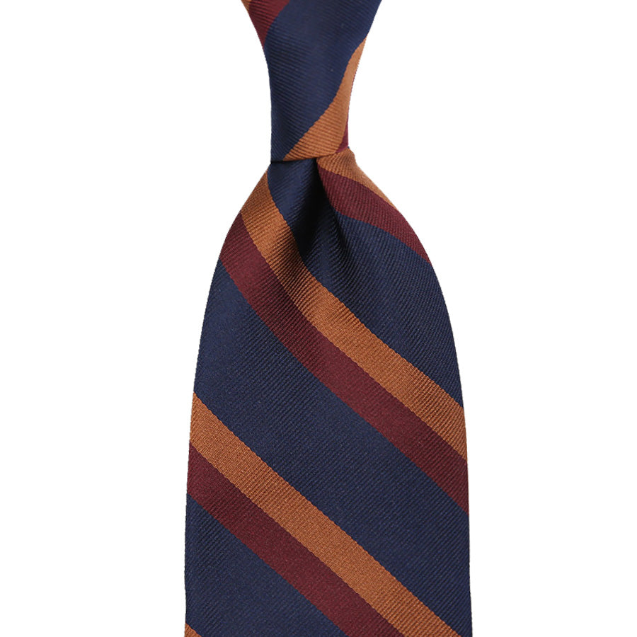 Repp Stripe Silk Tie - Navy / Burgundy / Copper - Hand-Rolled