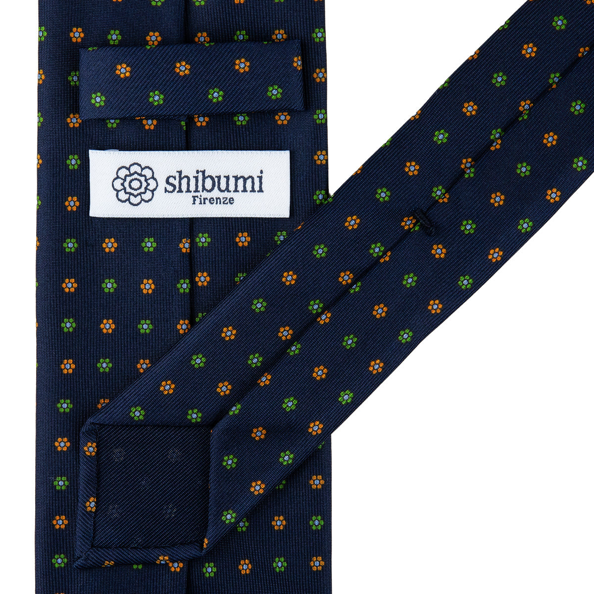 Floral Printed Silk Tie - Navy - Hand-Rolled