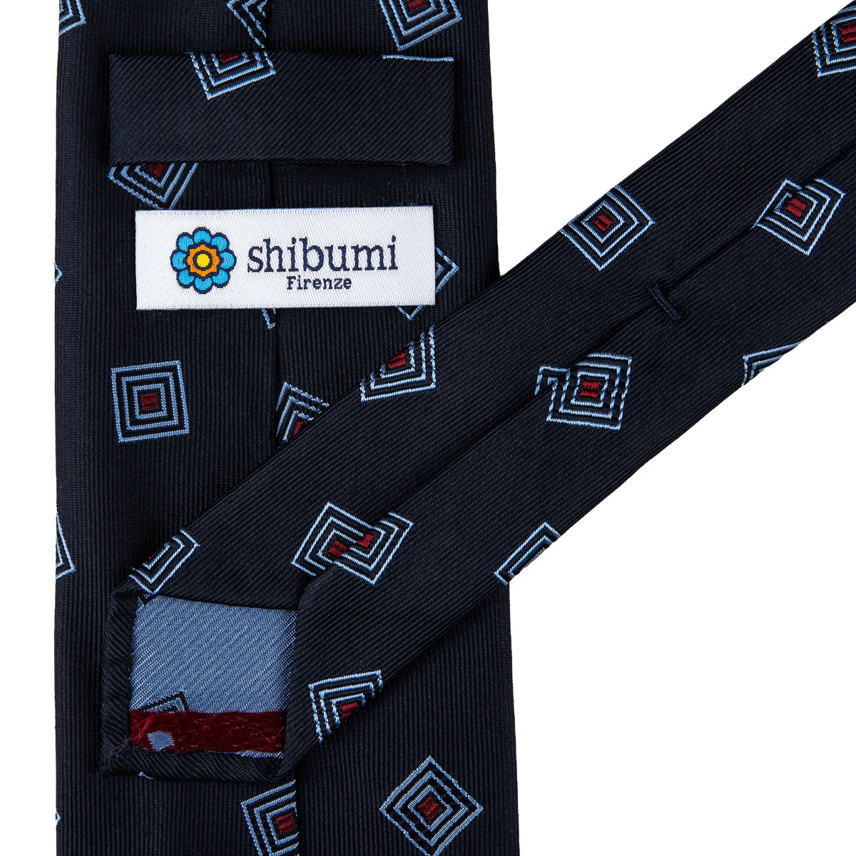 Geometrical Japanese Jacquard Silk Tie - Navy - Hand-Rolled