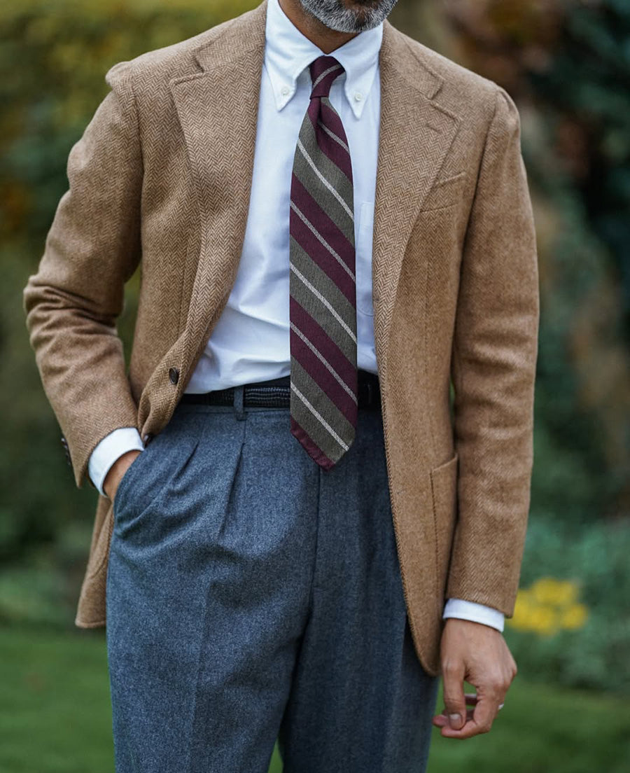 Striped Wool / Silk Tie - Olive / Burgundy - Hand-Rolled