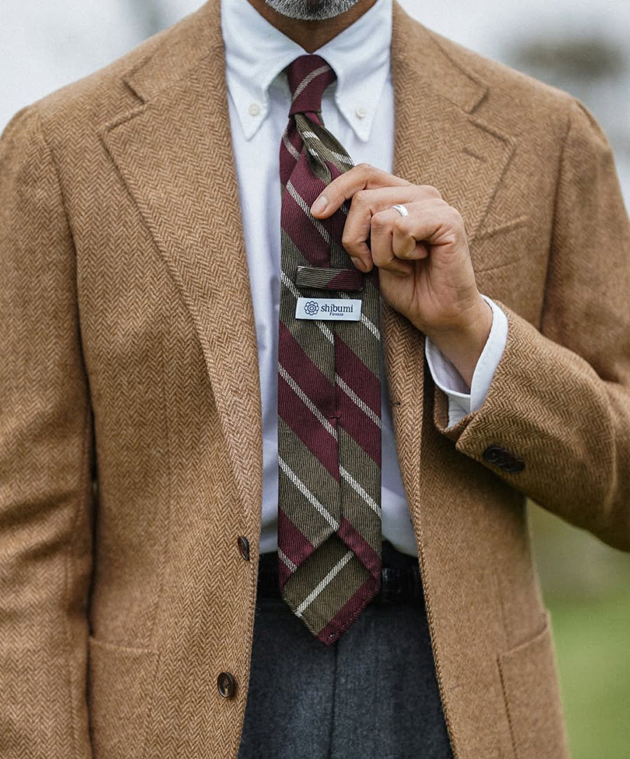 Striped Wool / Silk Tie - Olive / Burgundy - Hand-Rolled